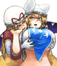 Rule 34 | 2girls, :d, animal ears, animal hat, blonde hair, blush, breasts, breasts squeezed together, chanta (ayatakaoisii), commentary, d:, elbow gloves, extra eyes, fox ears, fox tail, gap (touhou), gloves, groping, half-closed eye, hand in another&#039;s hair, hands on another&#039;s chest, hat, highres, huge breasts, looking at another, mob cap, multiple girls, multiple tails, open mouth, parted lips, puffy short sleeves, puffy sleeves, red eyes, short hair, short sleeves, simple background, smile, sweat, sweatdrop, tail, touhou, uneven eyes, white background, white gloves, yakumo ran, yakumo yukari, yellow eyes, yuri