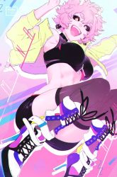 Rule 34 | 1girl, abstract background, alternate costume, ashido mina, black sclera, black shorts, black thighhighs, boku no hero academia, breasts, colored sclera, colored skin, convenient leg, high heel sneakers, high heels, horns, jacket, large breasts, looking at viewer, medium breasts, midriff, multicolored footwear, open clothes, open jacket, open mouth, pink hair, pink skin, shoelaces, shoes, short hair, shorts, smile, sneakers, solo, thighhighs, umi (ul8nl), yellow eyes, yellow jacket