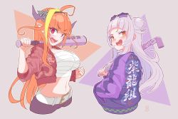 Rule 34 | 2girls, ahoge, alternate costume, artist logo, back, banchou, baseball bat, belt, blonde hair, blunt bangs, bow, breasts, cleavage, clenched hand, commentary request, cowboy shot, cropped jacket, delinquent, doyagao, dragon horns, dragon print, eyewear on head, fang, hair bun, hairband, hand in pocket, highres, hololive, horn bow, horn ornament, horns, industrial pipe, jacket, kiryu coco, large breasts, light purple hair, long hair, looking at viewer, looking back, midriff, multicolored hair, multiple girls, murasaki shion, navel, no legs, open mouth, orange background, orange hair, otsuri 8yen, over shoulder, pants, partially translated, pointy ears, purple background, purple jacket, red eyes, red jacket, sarashi, simple background, single hair bun, smug, star-shaped eyewear, star (symbol), straight hair, sukeban, sunglasses, sunglasses on head, translation request, two-tone background, two-tone hair, virtual youtuber, weapon, weapon over shoulder