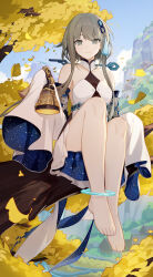 Rule 34 | 1girl, absurdres, anklet, bare shoulders, barefoot, bell, breasts, detached sleeves, dress, full body, genshin impact, grey eyes, grey hair, guizhong (genshin impact), hair ornament, highres, house, in tree, jewelry, looking at viewer, outdoors, scenery, sitting, sitting in tree, sky, sleeves past fingers, sleeves past wrists, small breasts, smile, solo, tassel, tassel hair ornament, thighs, tree, turtleneck, two-tone dress, wawako mama, white dress