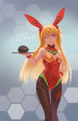 Rule 34 | 1girl, :3, adapted costume, alternate costume, animal ears, annoyed, armpits, bare shoulders, blonde hair, blue eyes, breasts, cleavage, detached collar, duct tape, fake animal ears, gradient background, grey background, hair ornament, hand on own hip, hexagon, hip focus, holding, honeycomb (pattern), honeycomb background, honeycomb pattern, kemonomimi mode, leotard, long hair, looking at viewer, neon genesis evangelion, o o, one eye closed, orange hair, pantyhose, playboy bunny, plugsuit, rabbit ears, rebuild of evangelion, red leotard, scotishfold, small breasts, solo, souryuu asuka langley, speech bubble, standing, thigh gap, translation request, tray, two side up, unitard, wide hips, wrist cuffs
