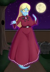 Rule 34 | 1girl, absurdres, artist name, belt, black belt, black bow, blue skin, bow, breasts, brick wall, brooch, buckle, colored skin, dated, dress, full body, full moon, ghost, ghost tail, glowing, grass, graveyard, grin, hands up, high collar, highres, jewelry, keyboard-draws, lace, lace-trimmed dress, lace trim, large breasts, long hair, long sleeves, looking at viewer, luigi&#039;s mansion, mario (series), melody pianissima, moon, night, nintendo, no pupils, nose, open hands, outdoors, outline, outstretched hand, parted bangs, platinum blonde hair, purple dress, purple outline, reaching, reaching towards viewer, sky, smile, solo, spirit, star (sky), starry sky, thick eyebrows, tombstone, tree, walkway, wide sleeves, yellow eyes