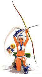 Rule 34 | 1girl, archery, armpits, arrow (projectile), blue eyes, bow (weapon), breasts, cameltoe, champuru, dark-skinned female, dark skin, gloves, highres, kneeling, kyuudou, long hair, majikina mina, medium breasts, midriff, navel, on one knee, partially fingerless gloves, partly fingerless gloves, ponytail, ryoji (nomura ryouji), samurai spirits, sideboob, simple background, single glove, snk, solo, tabi, very long hair, weapon, white hair, yugake