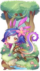 Rule 34 | 1girl, blue hair, body markings, chibi, colored skin, flower, hair flaps, hair flower, hair ornament, league of legends, long tail, loose clothes, medium hair, multicolored hair, multicolored skin, neeko (league of legends), skirt, solo, tail, tank top, tree, yellow eyes