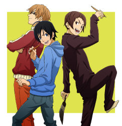 Rule 34 | &gt;:d, 3boys, :d, back-to-back, bakuman, black hair, black pants, black shirt, blonde hair, blue eyes, blue jacket, brown eyes, brown hair, crossed arms, denim, glasses, jacket, jeans, ku2, leg up, long sleeves, looking at another, looking back, male focus, mashiro moritaka, multiple boys, niizuma eiji, open mouth, outstretched hand, pants, pen, pencil, red jacket, shirt, short hair, simple background, smile, takagi akito, v-shaped eyebrows, white background, yellow background