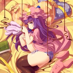 Rule 34 | 1girl, black thighhighs, blueberry (5959), book, chocolate, covering breasts, covering privates, crescent, female focus, hat, long hair, lying, on side, panties, patchouli knowledge, purple eyes, purple hair, purple panties, solo, striped clothes, striped panties, thighhighs, touhou, underwear