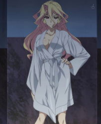 Rule 34 | 10s, blonde hair, breasts, cleavage, highres, infinite stratos, long hair, open clothes, open robe, red eyes, robe, screencap, squall meusel