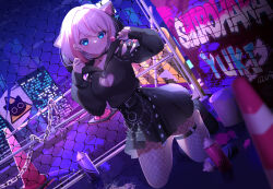 Rule 34 | 1girl, absurdres, adjusting hood, animal hood, aoitsuki, belly chain, belt, black belt, black cat, black choker, black footwear, black pantyhose, blue eyes, blurry, blurry foreground, bob cut, building, candy, cat, cat hood, chain, chain-link fence, character name, choker, cleavage cutout, closed mouth, clothing cutout, commentary, commission, cross, cross earrings, depth of field, dress, dutch angle, ear piercing, earrings, fence, fishnet pantyhose, fishnets, food, graffiti, hair intakes, heart cutout, highres, holding, holding candy, holding food, holding lollipop, hood, hood up, hooded dress, indie virtual youtuber, jewelry, kneeling, lollipop, long sleeves, looking at viewer, necklace, night, night sky, outdoors, paint can, pantyhose, piercing, pleated dress, shirohara yuki, shoes, short dress, short hair, sky, smile, spray can, star (sky), starry sky, thigh strap, traffic cone, virtual youtuber, white hair