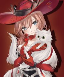 Rule 34 | 1girl, absurdres, animal, animal ears, arknights, belt, blue eyes, breasts, brown hair, cat, cat ears, chinese commentary, cleavage, commentary request, drop shadow, ears through headwear, elbow gloves, gloves, hair between eyes, heidi (arknights), highres, holding, holding animal, holding cat, large breasts, long hair, looking at viewer, red gloves, red headwear, sandianshuide rain, smile, solo, upper body, white belt, white cat