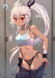 Rule 34 | 1girl, ?, bandaged arm, bandages, bare shoulders, black gloves, black panties, black pants, blush, bow, bow panties, breasts, cleavage, closed mouth, clothes pull, collarbone, cowboy shot, cross hair ornament, dark-skinned female, dark skin, denim, fingerless gloves, gloves, granblue fantasy, hair ornament, hairclip, high ponytail, highres, indoors, jeans, locker, locker room, long hair, looking at viewer, navel, panties, pants, pants pull, side-tie panties, silver hair, single fingerless glove, single glove, small breasts, solo, sports bra, stomach, sweat, underwear, undressing, uneg, very long hair, zooey (granblue fantasy)