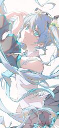 Rule 34 | 1girl, absurdres, aqua eyes, aqua necktie, bare shoulders, black skirt, black sleeves, blue hair, breasts, collared shirt, commentary request, detached sleeves, eyelashes, flower, hair flower, hair ornament, hands up, hatsune miku, highres, kobacha (ochakoba), light blue hair, long hair, looking at viewer, necktie, number tattoo, parted lips, pleated skirt, shirt, shoulder tattoo, simple background, skirt, small breasts, solo, tattoo, tears, twintails, upper body, very long hair, vocaloid, white shirt