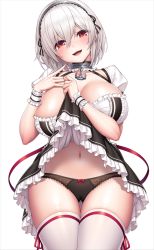 Rule 34 | 1girl, azur lane, black dress, black panties, blush, bow, bow panties, breasts, cleavage, cleft of venus, clothes lift, commentary, cowboy shot, dress, dress lift, english commentary, hair between eyes, lambda (kusowarota), large breasts, looking at viewer, navel, open mouth, panties, short hair, short sleeves, simple background, sirius (azur lane), smile, solo, thighhighs, thighs, underwear, white background, white hair, white thighhighs