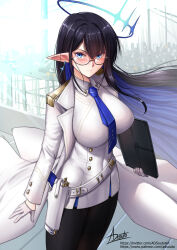 Rule 34 | 1girl, adsouto, black hair, blue archive, blue eyes, blue hair, breasts, colored inner hair, earrings, epaulettes, glasses, gloves, gun, half gloves, halo, handgun, highres, holster, holstered, jewelry, large breasts, long coat, looking at viewer, multicolored hair, necktie, pantyhose, pointy ears, rin (blue archive), semi-rimless eyewear, signature, solo, tablet pc, two-tone hair, under-rim eyewear, weapon, white gloves, wind, wind lift