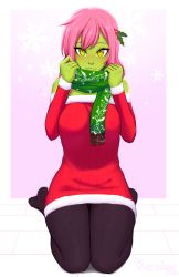 Rule 34 | 1girl, alisa (razalor), black pantyhose, blush, breasts, christmas, colored skin, detached sleeves, dress, full body, gradient background, green eyes, green scarf, green skin, hair ornament, light smile, long hair, looking at viewer, medium breasts, mistletoe, multicolored eyes, no shoes, original, pantyhose, pink hair, razalor, red dress, red eyes, ribbed dress, scarf, seiza, sitting, smile, solo, strapless, strapless dress, yellow eyes