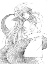 Rule 34 | 10s, 1girl, absurdres, artist request, breasts, chicken99, fang, from side, greyscale, hair between eyes, hair ornament, hairclip, highres, lamia, medium breasts, miia (monster musume), monochrome, monster girl, monster musume no iru nichijou, pointy ears, scales, slit pupils, smile, solo, traditional media