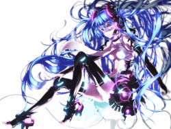 Rule 34 | 1girl, blue eyes, blue hair, boots, bridal gauntlets, center opening, coracola, hatsune miku, hatsune miku (append), high heels, highres, long hair, looking at viewer, matching hair/eyes, necktie, shoes, sitting, solo, thigh boots, thighhighs, toeless legwear, toes, very long hair, vocaloid, vocaloid append