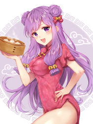 Rule 34 | 1girl, :d, baozi, bell, blush, bow, breasts, china dress, chinese clothes, commentary request, double bun, dress, food, hair bell, hair bow, hair bun, hair ornament, hand on own hip, holding, holding food, light blush, long hair, looking at viewer, medium breasts, microdress, nazuna shizuku, open mouth, partial commentary, pink dress, purple eyes, purple hair, ranma 1/2, red bow, shampoo (ranma 1/2), short dress, short sleeves, side slit, sidelocks, smile, solo, standing, steam, thighs