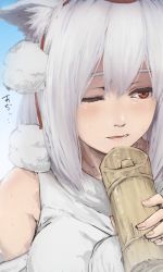 Rule 34 | 1girl, albino, animal ears, blue sky, blurry, breasts, close-up, depth of field, drinking, eyebrows, fingernails, gradient background, grey hair, hat, highres, inubashiri momiji, lips, looking to the side, nose, one eye closed, orange eyes, pom pom (clothes), short hair, sky, sleeveless, solo, sweat, teeth, terimayo, tokin hat, tongue, touhou, upper body, wolf ears