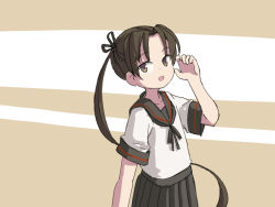 Rule 34 | 1girl, ayanami (kancolle), black sailor collar, black skirt, brown hair, brown neckerchief, commentary, cowboy shot, english commentary, kantai collection, long hair, neckerchief, one-hour drawing challenge, pleated skirt, sailor collar, school uniform, serafuku, side ponytail, sixten, skirt, solo, two-tone background