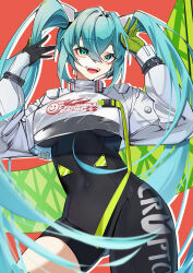 Rule 34 | 1girl, absurdres, aqua eyes, aqua hair, asymmetrical bodysuit, black bodysuit, black gloves, bodysuit, boots, breasts, chinese commentary, commentary request, covered navel, cowboy shot, cropped jacket, flag, gloves, goodsmile racing, green gloves, hair between eyes, hands up, hatsune miku, highres, jacket, large breasts, long bangs, long hair, long sleeves, looking at viewer, open mouth, race queen, racing miku, racing miku (2022), single thigh boot, single thighhigh, smile, solo, suyujiu u, teeth, thigh boots, thighhighs, tongue, twintails, two-tone gloves, upper teeth only, very long hair, vocaloid, white jacket