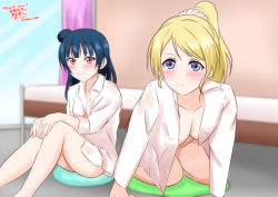 Rule 34 | 10s, 2girls, all fours, ayase eli, bed, bedroom, blonde hair, blue eyes, blue hair, blush, breasts, cleavage, closed mouth, curtains, hair bun, hair ornament, hair scrunchie, indoors, long hair, looking at viewer, love live!, love live! school idol project, love live! sunshine!!, medium breasts, multiple girls, no bra, pink eyes, ponytail, scrunchie, single hair bun, sitting, tsurime, tsushima yoshiko, wavy mouth, window, yamato yume