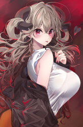 Rule 34 | 1girl, :p, blouse, blush, breasts, brown jacket, demon girl, demon tail, ear piercing, from side, hair between eyes, heart, heart tail, highres, horns, jacket, komupi, large breasts, licking lips, light brown hair, looking at viewer, nail polish, off shoulder, original, piercing, pointy ears, red eyes, red nails, ringlets, see-through, see-through shirt, sheep girl, sheep horns, shirt, simple background, sleeveless, sleeveless shirt, solo, standing, tail, taut clothes, taut shirt, tongue, tongue out, upper body, white shirt