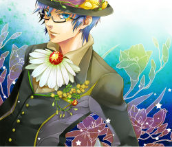 Rule 34 | 1boy, bad id, bad pixiv id, bespectacled, blue eyes, blue hair, boutonniere, daisy, floral background, flower, formal, glasses, hat, hat flower, kaito (vocaloid), male focus, matching hair/eyes, semi-rimless eyewear, short hair, smile, solo, star (symbol), suit, toba k, under-rim eyewear, vocaloid