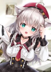 Rule 34 | 1girl, :d, ahoge, animal ear fluff, animal ears, aqua eyes, arm up, beret, black bow, blouse, blurry, blurry background, bow, breasts, center frills, clothing cutout, collarbone, collared shirt, commentary request, depth of field, fang, frilled shirt collar, frills, grey hair, grey skirt, hair between eyes, hat, highres, long hair, long sleeves, looking at viewer, medium breasts, motohara moka, necktie, open mouth, original, plaid, plaid skirt, reaching, reaching towards viewer, red hat, red necktie, selfie, shirt, short necktie, shoulder cutout, skirt, smile, solo, striped, striped bow, very long hair, white shirt