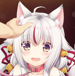 Rule 34 | 1girl, ahoge, animal ear fluff, animal ears, bell, blush, brown eyes, collar, collarbone, commentary request, fang, fox ears, hair bell, hair between eyes, hair ornament, hair ribbon, hand on another&#039;s head, highres, indie virtual youtuber, jingle bell, kamiko kana, leash, multicolored hair, nude, open mouth, out-of-frame censoring, out of frame, red collar, red hair, red ribbon, ribbon, sakuraba hikaru (loveindog), silver hair, solo focus, streaked hair, sweat, upper body, virtual youtuber