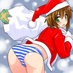 Rule 34 | 1girl, ass, back, bag, bent over, blue panties, blush, brown hair, christmas, from behind, green eyes, hat, holding, itoji, looking at viewer, looking back, no pants, open mouth, original, panties, santa costume, santa hat, short hair, smile, solo, standing, striped clothes, striped panties, underwear