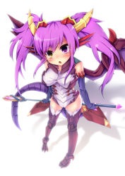 Rule 34 | 1girl, alternate hairstyle, armor, blush, elbow gloves, fingerless gloves, gloves, greaves, heterochromia, highres, horns, purple eyes, purple hair, puzzle &amp; dragons, red eyes, samoore, solo, sonia (p&amp;d), tail, twintails, wings