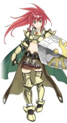 1girl armor armored_boots artist_request belt black_belt black_gloves black_thighhighs boobplate boots breastplate brown_cape brown_skirt cape closed_mouth crop_top cross cross_necklace elbow_gloves expressionless floating_hair full_body gauntlets gloves gold_armor green_cape high_ponytail holding holding_shield holding_sword holding_weapon jewelry large_variant_set long_hair looking_at_viewer navel necklace official_art paladin_(ragnarok_online) pauldrons pink_eyes ragnarok:_guild_masters ragnarok_online red_hair sheath sheathed shield shoulder_armor simple_background skirt solo standing sword thighhighs transparent_background variant_set waist_cape weapon