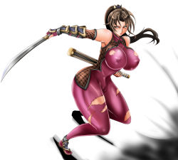 Rule 34 | 1041 (toshikazu), 1girl, armor, bodysuit, breasts, brown eyes, brown hair, curvy, covered erect nipples, huge breasts, katana, long hair, namco, ninja, ponytail, purple bodysuit, skin tight, solo, soul calibur, soulcalibur iv, sword, taki (soulcalibur), thick thighs, thighs, torn clothes, weapon