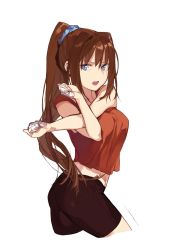 Rule 34 | 00s, 1girl, alo1i, aozaki aoko, ass, bad id, bad twitter id, bandaged fingers, bandages, bike shorts, blue eyes, brown hair, contrapposto, cowboy shot, cropped legs, duoyuanjun, highres, long hair, mahou tsukai no yoru, midriff, open mouth, ponytail, scrunchie, simple background, solo, standing, stretching, tank top, tsukihime, twisted torso, very long hair, white background