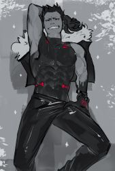 Rule 34 | 1boy, abs, absurdres, armpits, black hair, clothes pull, covered navel, erection, erection under clothes, fingernails, fullmetal alchemist, fur trim, greed (fma), grey background, grin, highres, hobermen, homunculus, jacket, leather, leather pants, limited palette, long fingernails, looking at viewer, male focus, naughty face, pants, pants pull, pinup (style), red eyes, sharp fingernails, short hair, simple background, skin tight, sleeveless, smile, solo
