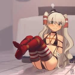 Rule 34 | 1girl, amatsukaze (kancolle), arms behind back, bdsm, bikini, black bikini, black hat, blush, bondage, bound, bound legs, breasts, cad (caddo), clenched teeth, commentary request, gloves, hat, highres, indoors, kantai collection, long hair, looking at viewer, mini hat, no shoes, red thighhighs, rope, shibari, silver hair, sitting, small breasts, solo, swimsuit, teeth, thighhighs, two side up, very long hair, white gloves, yellow eyes