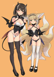 Rule 34 | 2girls, absurdres, alternate costume, animal ears, arknights, black panties, black shirt, black thighhighs, blonde hair, blush, border, bound, bound wrists, braid, breasts, brown hair, cleavage, colored tips, cuffs, demon horns, demon tail, earrings, flying sweatdrops, fox ears, fox girl, fox tail, full body, green eyes, halloween costume, hands up, highres, horns, jewelry, kitsune, long hair, long sleeves, looking at viewer, low wings, magallan (arknights), medium breasts, multicolored hair, multiple girls, multiple tails, no pants, off-shoulder shirt, off shoulder, open mouth, orange background, panties, shackles, shirt, short hair, shrug (clothing), sigm@, simple background, sketch, small breasts, smile, streaked hair, suzuran (arknights), sweatdrop, tail, thighhighs, underwear, white border, white panties, white thighhighs, wings, yellow eyes