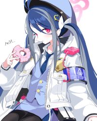 Rule 34 | 1girl, absurdres, arimas ar1, black pantyhose, blue archive, blue hair, blue hat, blue necktie, blue vest, blush, doughnut, food, fubuki (blue archive), grey hair, halo, hat, highres, holding, holding food, jacket, long hair, long sleeves, multicolored hair, necktie, open clothes, open jacket, open mouth, pantyhose, pink halo, red eyes, shirt, simple background, solo, streaked hair, twintails, vest, white background, white jacket, white shirt