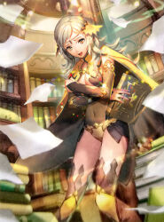 Rule 34 | ahoge, aozi seizi, blonde hair, bodystocking, book, covered navel, crossed arms, fire emblem, fire emblem cipher, fire emblem fates, highres, holding, holding book, library, long hair, looking at viewer, nintendo, open mouth, ophelia (fire emblem), swept bangs, thighhighs, third-party edit, third-party source