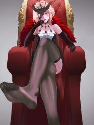 Rule 34 | 1girl, blonde hair, blue eyes, crossed legs, elbow gloves, feet, genshin impact, gloves, long hair, looking at viewer, one eye covered, parted lips, see-through, see-through legwear, signora (genshin impact), sitting, soles, thighhighs, throne, toes