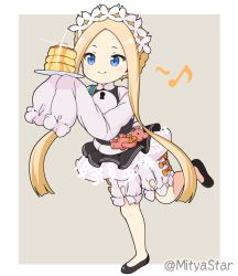 Rule 34 | 1girl, abigail williams (fate), abigail williams (festival outfit) (fate), black dress, black footwear, blonde hair, bloomers, blue eyes, blush, bow, braid, butterfly hair ornament, closed mouth, commentary request, dress, eighth note, fate/grand order, fate (series), food, full body, grey background, hair ornament, hands up, heroic spirit festival outfit, holding, holding plate, keyhole, long hair, long sleeves, mitya, musical note, official alternate costume, orange bow, pancake, pancake stack, parted bangs, plate, shirt, shoes, sidelocks, sleeveless, sleeveless dress, sleeves past fingers, sleeves past wrists, smile, solo, standing, standing on one leg, stuffed animal, stuffed toy, teddy bear, twitter username, two-tone background, underwear, very long hair, white background, white bloomers, white shirt