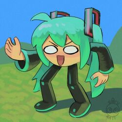 Rule 34 | 1girl, ahoge, aqua hair, aqua nails, blue sky, commentary, english commentary, hair ornament, hand up, hatsune miku, long hair, meme, no torso, open mouth, signature, sky, smile, solo, soru ani, standing, twintails, vocaloid, wide oval eyes