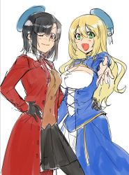 Rule 34 | 2girls, ;), artoria pendragon (all), artoria pendragon (fate), atago (kancolle), beret, black gloves, black hair, blonde hair, blush, breasts, cleavage, cleavage cutout, clothing cutout, cosplay, fate/stay night, fate (series), female focus, gloves, hands on own hips, hat, kantai collection, large breasts, long hair, looking at viewer, multiple girls, one eye closed, open mouth, outstretched hand, pantyhose, saber (fate), saber (fate) (cosplay), skirt, skirt set, smile, standing, takao (kancolle), tohsaka rin, tohsaka rin (cosplay), tongue, tsurusaki yuu