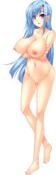 Rule 34 | 1girl, absurdres, asymmetrical bangs, barefoot, blue hair, breasts, collarbone, completely nude, crossed arms, earrings, eyes visible through hair, feet, full body, highres, jewelry, koihime musou, large breasts, light blue hair, long hair, mole, mole under eye, navel, nipples, no pussy, nude, official art, open mouth, pink eyes, solo, teifu, thighhighs, toes, transparent background, yatsuha kanan