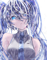 Rule 34 | 1girl, absurdres, blue hair, blue necktie, closed mouth, collared shirt, grey shirt, hair between eyes, hair over one eye, hatsune miku, head tilt, highres, long hair, looking at viewer, necktie, saksak mocchiri, shirt, sleeveless, sleeveless shirt, solo, twintails, upper body, very long hair, vocaloid, white background, wing collar