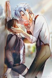 Rule 34 | black hair, blue hair, blurry, blurry background, brown eyes, doughnut, ear piercing, eye contact, food, fukuda tamotsu, hand on another&#039;s cheek, hand on another&#039;s face, height difference, hetero, hole in head, hondoumachi koharu, id :invaded, lens flare, looking at another, niarss, outdoors, pants, piercing, shirt, shorts, standing, suspenders, thighhighs, kabedon, watermark, web address, white shirt