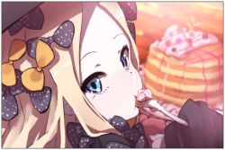 Rule 34 | 1girl, abigail williams (fate), bad id, bad pixiv id, black bow, black dress, black hat, blonde hair, blue eyes, blurry, blurry background, blush, bow, closed mouth, depth of field, dress, eating, fate/grand order, fate (series), food, forehead, fork, hair bow, hat, head tilt, holding, holding fork, long hair, long sleeves, looking at viewer, looking back, orange bow, pancake, pancake stack, parted bangs, polka dot, polka dot bow, sleeves past fingers, sleeves past wrists, solo, stuffed animal, stuffed toy, teddy bear, wada kazu