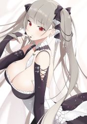 Rule 34 | 1girl, absurdres, azur lane, backless dress, backless outfit, bare shoulders, between breasts, black dress, black nails, breasts, cleavage, clothing cutout, dress, finger to mouth, formidable (azur lane), frilled dress, frills, gothic lolita, grey hair, highres, large breasts, lolita fashion, long hair, looking at viewer, nail polish, neckwear between breasts, oxygen mask (oxygenmask233), red eyes, ribbon, shoulder cutout, solo, standing, twintails, two-tone dress, two-tone ribbon, very long hair