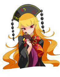 Rule 34 | 1girl, bow, breasts, candy, chinese clothes, chocolate, chocolate bar, eyelashes, food, hat, highres, junko (touhou), long hair, orange hair, pointy ears, raptor7, red eyes, robe, runes, simple background, sketch, smile, solo, touhou, tsurime, upper body, very long hair, white background, yellow bow