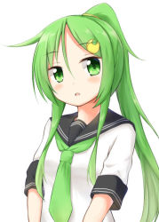 Rule 34 | 1girl, alternate costume, alternate hairstyle, black sailor collar, blush, commentary request, crescent, crescent hair ornament, green eyes, green hair, green necktie, hair between eyes, hair ornament, kamakani (kanikama8192), kantai collection, long hair, looking to the side, nagatsuki (kancolle), necktie, ponytail, sailor collar, school uniform, serafuku, sidelocks, simple background, solo, upper body, white background
